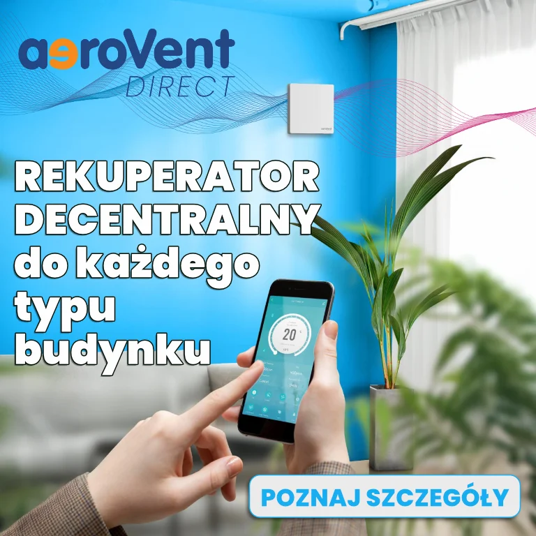Rekuperator decentralny ścienny AeroVent Direct do wentylacji pomieszczeń z odzyskiem ciepła, sterowany aplikacją mobilną