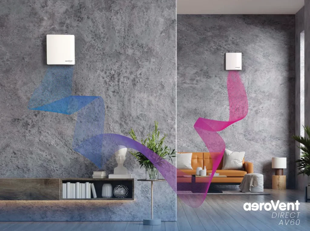 Dwa rekuperatory ścienne aeroVent DIRECT AV60 pracujące w parze – schemat nawiewu i wywiewu powietrza w pomieszczeniach.