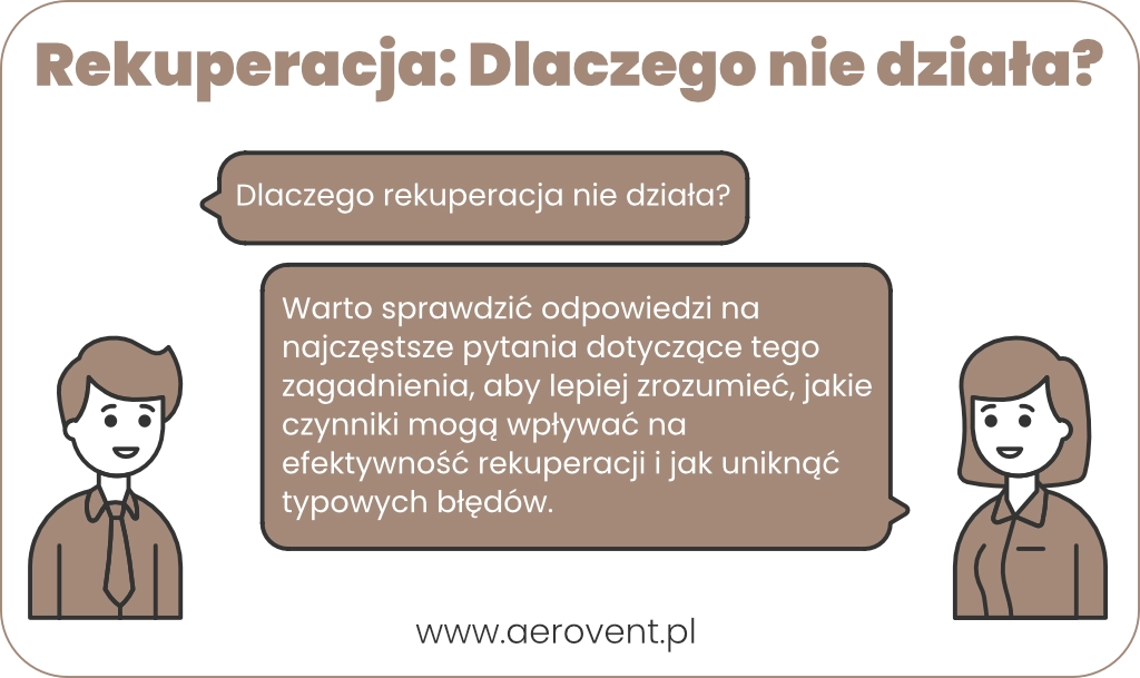 Infografika: Dlaczego rekuperacja nie działa? Odpowiedzi na najczęstsze pytania o wydajność i błędy w wentylacji mechanicznej.